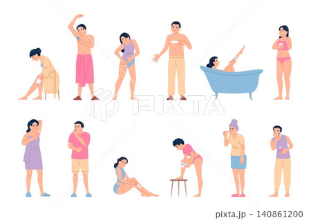 Hair removal process. Cosmetology beauty procedures at home. People doing depilation, shaving, waxing, epilation with cream, recent vector scenes Hair removal process. Cosmetology beauty procedures at home. People doing depilation, shaving, waxing, epilation with cream, recent vector scenes 140861200