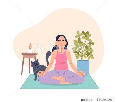 Meditation with cat. Girl sit in relaxing pose. Keep calm, relax and meditate. Female character with cute kitten, home workout, recent vector scene Meditation with cat. Girl sit in relaxing pose. Keep calm, relax and meditate. Female character with cute kitten, home workout, recent vector scene 140861201