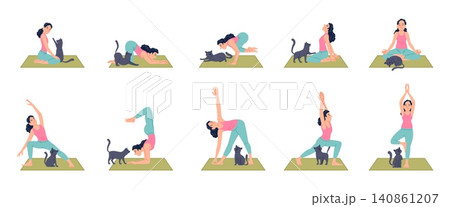 Yoga with cat. Young woman training with kitten. Black cat interferes with owner pilates practice. Funny home workout situations, recent vector set Yoga with cat. Young woman training with kitten. Black cat interferes with owner pilates practice. Funny home workout situations, recent vector set 140861207
