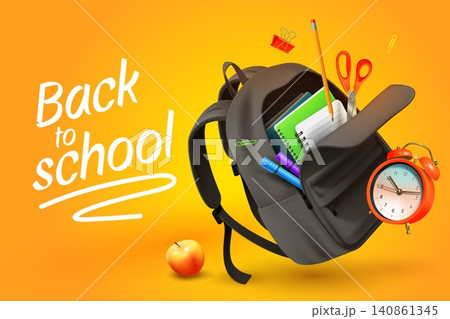 Back school realistic background. 3d backpack education study supplies text banner design, children elementary class alarm clock paper notebook pencil garish vector illustration 140861345