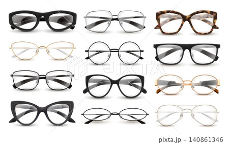 Realistic eye glasses. Fashion ocular vision, eyewear transparent optical lens reading eyeglasses classic oculars plastic frame sunglasses 3d isolated garish vector illustration 140861346