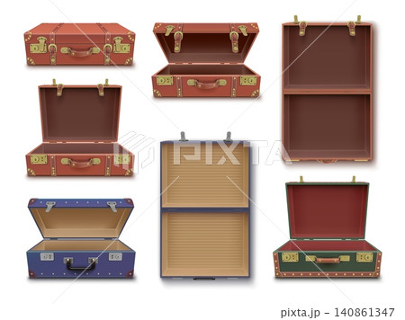 Open suitcase. Realistic briefcase, opened closed leather bag handle lock vintage classic suitcases travel trip case baggage tourist luggage 3d isolated garish vector illustration Open suitcase. Realistic briefcase, opened closed leather bag handle lock vintage classic suitcases travel trip case baggage tourist luggage 3d isolated garish vector illustration 140861347