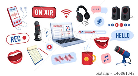 Podcast tools. Microphone studio radio broadcast equipment, audio sound mic record icon online music talk show headset live web stream cartoon set qualitative vector illustration Podcast tools. Microphone studio radio broadcast equipment, audio sound mic record icon online music talk show headset live web stream cartoon set qualitative vector illustration 140861348