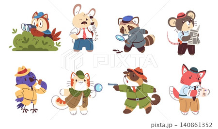 Animal detectives. Cute animal private detective, funny pet investigator funny sherlock hat cat dog fox owl look crime evidence, cartoon characters set classy vector illustration Animal detectives. Cute animal private detective, funny pet investigator funny sherlock hat cat dog fox owl look crime evidence, cartoon characters set classy vector illustration 140861352