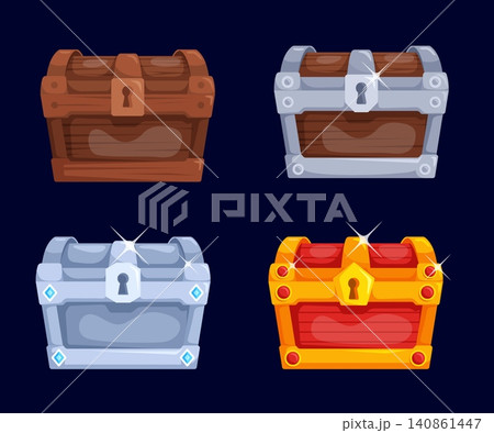 Game chest rank. Treasure chests level reward, old silver golden wooden box lock or open player award ui icon set fantasy pirate gaming loot gold coins kicky vector illustration 140861447