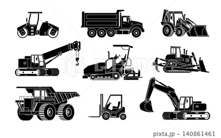 Construction machinery silhouettes. Excavator bulldozer crane heavy truck loader digger equipment vehicle machine industry black silhouette vector qualitative vector illustration Construction machinery silhouettes. Excavator bulldozer crane heavy truck loader digger equipment vehicle machine industry black silhouette vector qualitative vector illustration 140861461