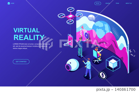 Modern flat design isometric concept of Virtual Augmented Reality decorated people character for website and mobile website development. Isometric landing page template. Vector illustration. 140861700