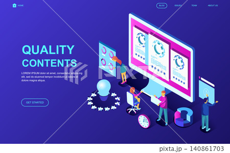 Modern flat design isometric concept of Quality Content decorated people character for website and mobile website development. Isometric landing page template. Vector illustration. Modern flat design isometric concept of Quality Content decorated people character for website and mobile website development. Isometric landing page template. Vector illustration. 140861703