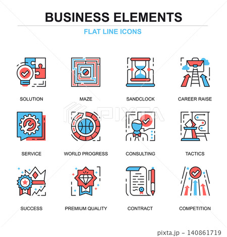 Flat line business elements icons concepts set for website and mobile site and apps. Symbols and new leadership metaphors. Thin line color simple pictogram pack. Vector illustration. Flat line business elements icons concepts set for website and mobile site and apps. Symbols and new leadership metaphors. Thin line color simple pictogram pack. Vector illustration. 140861719