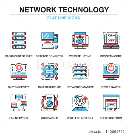 Flat line network technology icons concepts set for website and mobile site and apps. Database server connection, cloud computing. Thin line color simple pictogram pack. Vector illustration. Flat line network technology icons concepts set for website and mobile site and apps. Database server connection, cloud computing. Thin line color simple pictogram pack. Vector illustration. 140861721