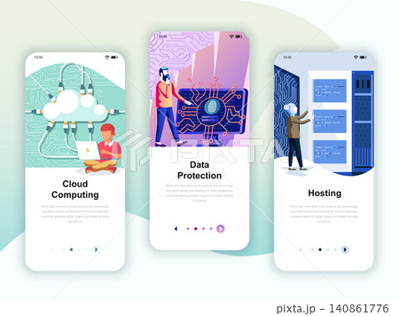 Set of onboarding screens user interface kit for Cloud Computing, Protection, Hosting, mobile app templates concept. Modern UX, UI screen for mobile or responsive web site. Vector illustration. 140861776