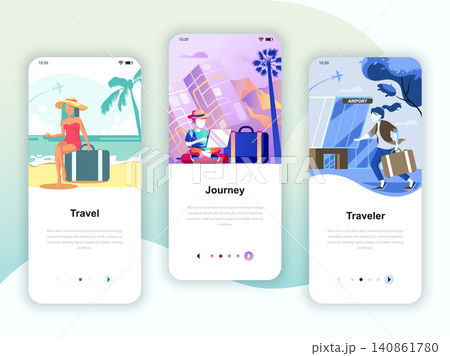 Set of onboarding screens user interface kit for Travel, Journey, Traveler, mobile app templates concept. Modern UX, UI screen for mobile or responsive web site. Vector illustration. 140861780