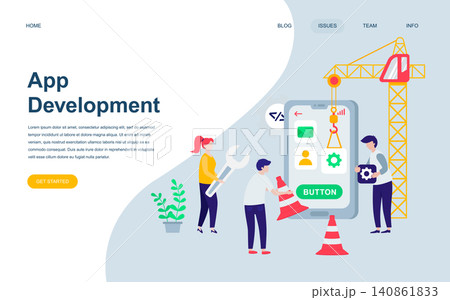 Modern flat web page design template of App Development decorated people character for website and mobile website development. Flat landing page template. Vector illustration. Modern flat web page design template of App Development decorated people character for website and mobile website development. Flat landing page template. Vector illustration. 140861833