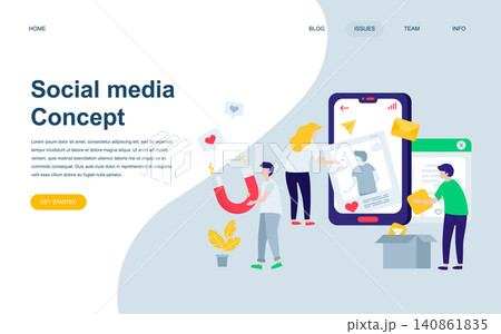 Modern flat web page design template of Social Media decorated people character for website and mobile website development. Flat landing page template. Vector illustration. 140861835