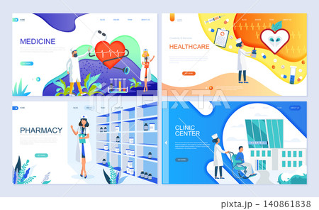 Set of landing page template for Medicine, Healthcare, Pharmacy, Clinic Center. Modern vector illustration flat concepts decorated people character for website and mobile website development. 140861838