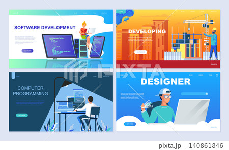 Set of landing page template for Software, Developing, Designer, Programming. Modern vector illustration flat concepts decorated people character for website and mobile website development. Set of landing page template for Software, Developing, Designer, Programming. Modern vector illustration flat concepts decorated people character for website and mobile website development. 140861846
