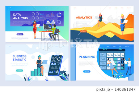 Set of landing page template for Data Analysis, Analytics, Business Statistic, Planning. Modern vector illustration flat concepts decorated people character for website and mobile website development. Set of landing page template for Data Analysis, Analytics, Business Statistic, Planning. Modern vector illustration flat concepts decorated people character for website and mobile website development. 140861847