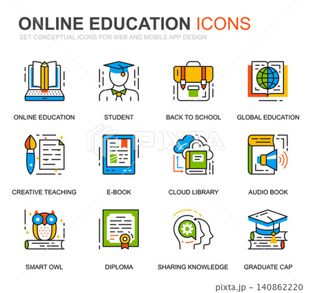 Simple Set Education and Knowledge Line Icons for Website and Mobile Apps. Contains such Icons as Studying, School, Graduation, E-Book. Conceptual color line icon. Vector pictogram pack. Simple Set Education and Knowledge Line Icons for Website and Mobile Apps. Contains such Icons as Studying, School, Graduation, E-Book. Conceptual color line icon. Vector pictogram pack. 140862220