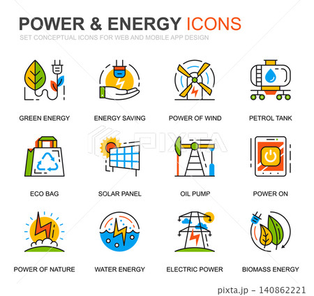 Simple Set Power Industry and Energy Line Icons for Website and Mobile Apps. Contains such Icons as Solar Panel, Eco Energy, Power Plant. Conceptual color line icon. Vector pictogram pack. Simple Set Power Industry and Energy Line Icons for Website and Mobile Apps. Contains such Icons as Solar Panel, Eco Energy, Power Plant. Conceptual color line icon. Vector pictogram pack. 140862221