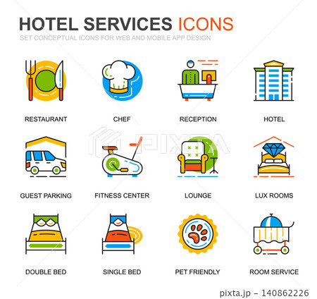 Simple Set Hotel Service Line Icons for Website and Mobile Apps. Contains such Icons as Restaurant, Room Services, Reception. Conceptual color line icon. Vector pictogram pack. Simple Set Hotel Service Line Icons for Website and Mobile Apps. Contains such Icons as Restaurant, Room Services, Reception. Conceptual color line icon. Vector pictogram pack. 140862226