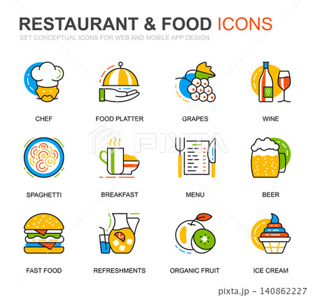 Simple Set Restaurant and Food Line Icons for Website and Mobile Apps. Contains such Icons as Fast Food, Menu, Organic Fruit, Coffee Bar. Conceptual color line icon. Vector pictogram pack. Simple Set Restaurant and Food Line Icons for Website and Mobile Apps. Contains such Icons as Fast Food, Menu, Organic Fruit, Coffee Bar. Conceptual color line icon. Vector pictogram pack. 140862227