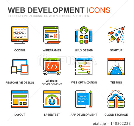 Simple Set Web Disign and Development Line Icons for Website and Mobile Apps. Contains such Icons as Coding, App Development, Usability. Conceptual color line icon. Vector pictogram pack. Simple Set Web Disign and Development Line Icons for Website and Mobile Apps. Contains such Icons as Coding, App Development, Usability. Conceptual color line icon. Vector pictogram pack. 140862228