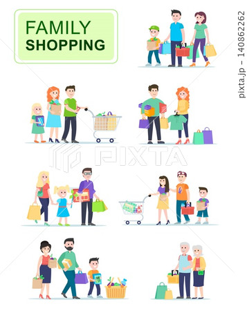 Set of people carrying shopping bags with purchases. Men and women go shopping with their children, sales in stores. Cartoon characters isolated on white background. Flat vector illustration. Set of people carrying shopping bags with purchases. Men and women go shopping with their children, sales in stores. Cartoon characters isolated on white background. Flat vector illustration. 140862262