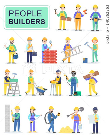 Set of people builders workers. Men worker in blue overall, Various poses and emotions, running, standing, walking, working. Cartoon characters isolated on white background. Flat vector illustration. Set of people builders workers. Men worker in blue overall, Various poses and emotions, running, standing, walking, working. Cartoon characters isolated on white background. Flat vector illustration. 140862263