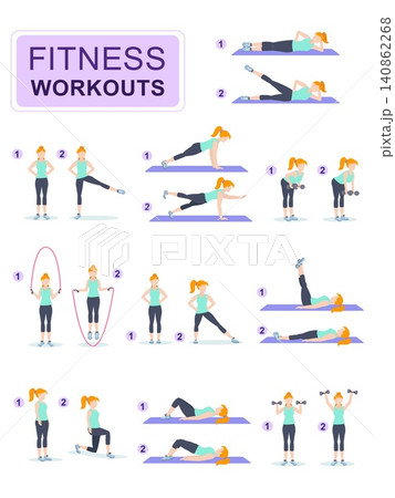 Set of young woman dressed in fitness apparel doing sports training. Girl doing gymnastics with dumbbells. Cartoon characters isolated on white background. Flat vector illustration. Set of young woman dressed in fitness apparel doing sports training. Girl doing gymnastics with dumbbells. Cartoon characters isolated on white background. Flat vector illustration. 140862268