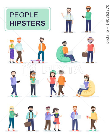 Set of stylish hipster people. Fashion girls and boys in different hipster suits. Cartoon characters isolated on white background. Flat vector illustration. Set of stylish hipster people. Fashion girls and boys in different hipster suits. Cartoon characters isolated on white background. Flat vector illustration. 140862270