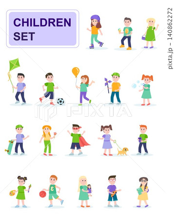Set of children in different poses and different activities. Kids playing ball, rollerblading, painting. Cartoon characters isolated on white background. Flat vector illustration. 140862272