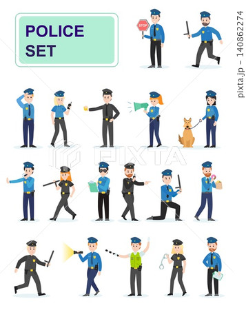 Set of police officers doing their job. Men and women policemen in different poses handcuff violators. Cartoon characters isolated on white background. Flat vector illustration. Set of police officers doing their job. Men and women policemen in different poses handcuff violators. Cartoon characters isolated on white background. Flat vector illustration. 140862274