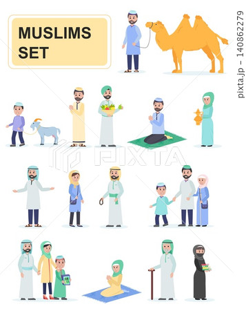 Set of muslims in national dress. Men and women muslims traditional family. Cartoon characters isolated on white background. Flat vector illustration. Set of muslims in national dress. Men and women muslims traditional family. Cartoon characters isolated on white background. Flat vector illustration. 140862279