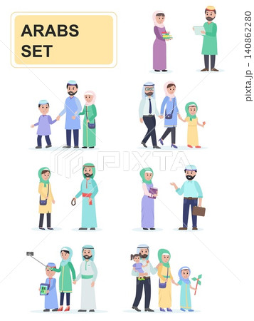 Set of Arabs in national dress. Men and women Arabs traditional family. Cartoon characters isolated on white background. Flat vector illustration. Set of Arabs in national dress. Men and women Arabs traditional family. Cartoon characters isolated on white background. Flat vector illustration. 140862280