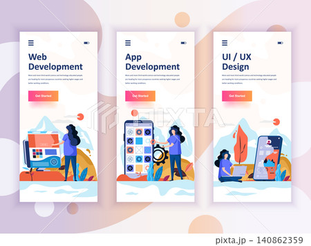 Set of onboarding screens user interface kit for Web and App Development, UI Design, mobile app templates concept. Modern UX, UI screen for mobile or responsive web site. Vector illustration. Set of onboarding screens user interface kit for Web and App Development, UI Design, mobile app templates concept. Modern UX, UI screen for mobile or responsive web site. Vector illustration. 140862359