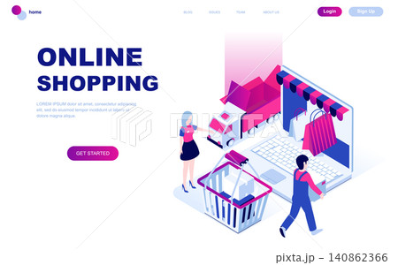 Modern flat design isometric concept of Online Shopping decorated people character for website and mobile website development. Isometric landing page template. Vector illustration. 140862366