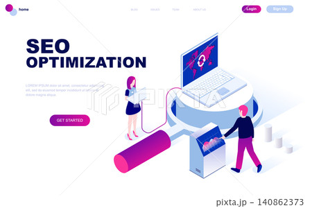 Modern flat design isometric concept of Seo Analysis decorated people character for website and mobile website development. Isometric landing page template. Vector illustration. 140862373