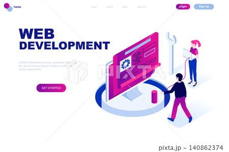 Modern flat design isometric concept of Web Development decorated people character for website and mobile website development. Isometric landing page template. Vector illustration. Modern flat design isometric concept of Web Development decorated people character for website and mobile website development. Isometric landing page template. Vector illustration. 140862374