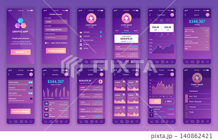 Set of UI, UX, GUI screens Cryptocurrency app flat design template for mobile apps, responsive website wireframes. Web design UI kit. Cryptocurrency Dashboard. Set of UI, UX, GUI screens Cryptocurrency app flat design template for mobile apps, responsive website wireframes. Web design UI kit. Cryptocurrency Dashboard. 140862421