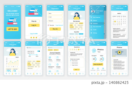 Set of UI, UX, GUI screens Education app flat design template for mobile apps, responsive website wireframes. Web design UI kit. Education Dashboard. Set of UI, UX, GUI screens Education app flat design template for mobile apps, responsive website wireframes. Web design UI kit. Education Dashboard. 140862425