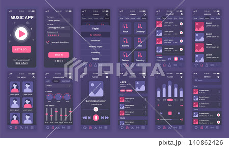 Set of UI, UX, GUI screens Music app flat design template for mobile apps, responsive website wireframes. Web design UI kit. Music Dashboard. Set of UI, UX, GUI screens Music app flat design template for mobile apps, responsive website wireframes. Web design UI kit. Music Dashboard. 140862426