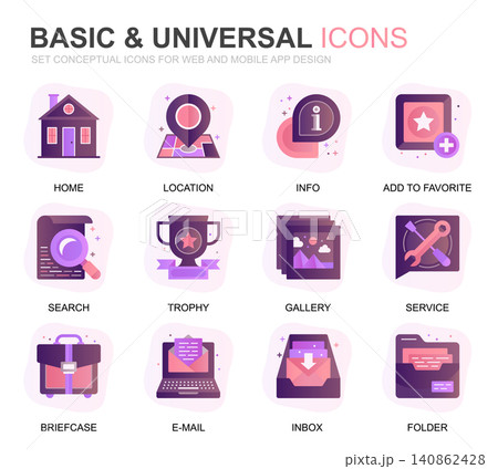 Modern Set Basic Gradient Flat Icons for Website and Mobile Apps. Contains such Icons as Location, Briefcase, Lamp, Support, Business, Award. Conceptual color flat icon. Vector pictogram pack. Modern Set Basic Gradient Flat Icons for Website and Mobile Apps. Contains such Icons as Location, Briefcase, Lamp, Support, Business, Award. Conceptual color flat icon. Vector pictogram pack. 140862428