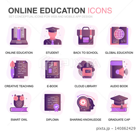 Modern Set Education and Knowledge Gradient Flat Icons for Website and Mobile Apps. Contains such Icons as Studying, School, Graduation, E-Book. Conceptual color flat icon. Vector pictogram pack. 140862429