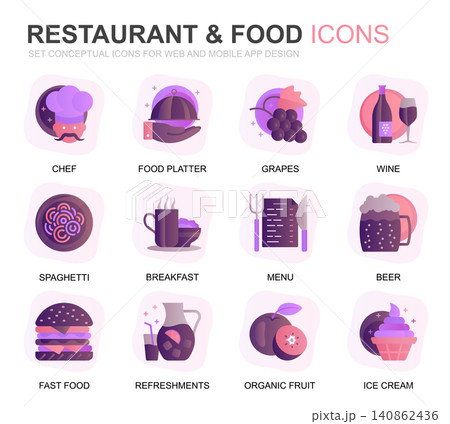 Modern Set Restaurant and Food Gradient Flat Icons for Website and Mobile Apps. Contains such Icons as Fast Food, Menu, Organic Fruit, Coffee Bar. Conceptual color flat icon. Vector pictogram pack. 140862436