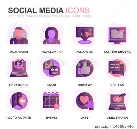 Modern Set Social Media and Network Gradient Flat Icons for Website and Mobile Apps. Contains such Icons as Avatar, Emoji, Chating, Likes. Conceptual color flat icon. Vector pictogram pack. Modern Set Social Media and Network Gradient Flat Icons for Website and Mobile Apps. Contains such Icons as Avatar, Emoji, Chating, Likes. Conceptual color flat icon. Vector pictogram pack. 140862440