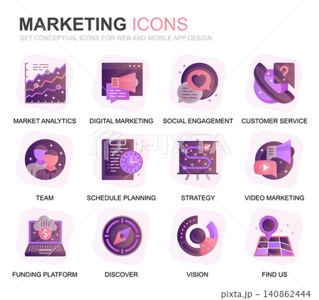 Modern Set Business and Marketing Gradient Flat Icons for Website and Mobile Apps. Contains such Icons as Vision, Mission, Planning, Market. Conceptual color flat icon. Vector pictogram pack. 140862444