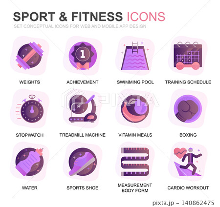 Modern Set Sport and Fitness Gradient Flat Icons for Website and Mobile Apps. Contains such Icons as Fit Body, Swimming, Fitness App, Supplements. Conceptual color flat icon. Vector pictogram pack. Modern Set Sport and Fitness Gradient Flat Icons for Website and Mobile Apps. Contains such Icons as Fit Body, Swimming, Fitness App, Supplements. Conceptual color flat icon. Vector pictogram pack. 140862475