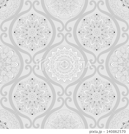 Grey mandalas, boho style, grey background. Seamless floral pattern-185. Grey mandalas, boho style, grey background. Seamless floral pattern-185. 140862570