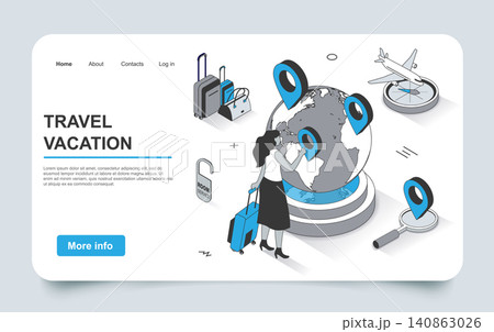 Travel vacation concept in 3d isometric landing page outline design. Woman with luggage chooses directions, search tours, book tickets for plane and hotel, line web template. Vector illustration. 140863026