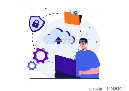 Cloud computing modern flat concept for web banner design. Man works at laptop and transfers files, creates backup copies, stores data in cloud storage. Vector illustration with isolated people scene Cloud computing modern flat concept for web banner design. Man works at laptop and transfers files, creates backup copies, stores data in cloud storage. Vector illustration with isolated people scene 140863044